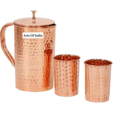 Imagem de Sellinghub21 Jarro de cobre martelado e 2 copos de vidro, armazenamento e água de servir, restaurante, hotel, casa, capacidade: 1,5 litro (1,5 g)