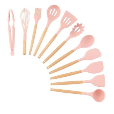 Imagem de Conjunto de Utensílios de Cozinha em Silicone, 12 Peças, Cabo de Madeira, Preto, com Organizador (Rosa)