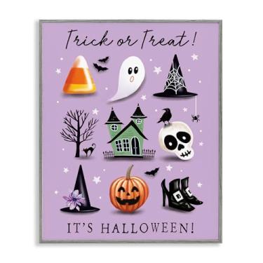 Imagem de Stupell Industries Trick Or Treat It's Halloween Arte giclée emoldurada branca, design por Elizabeth Tyndall, 14 x 11