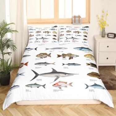 Imagem de Conjuntos de cama de peixe de baixo tamanho duplo meninos adolescentes crianças tema oceano capa de colcha, capa de edredom peixe grande lúcio estampa animal marinho conjuntos de cama baixo grande decoração de peixe capa de edredom para adultos jovens meninas homens