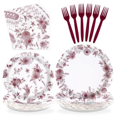 Imagem de 96 peças de pratos de papel floral bordô borgonha e pratos de flores brancas e guardanapos chinoiserie vermelha pratos de sobremesa florais vintage para Natal, aniversário, casamento, casamento, chá