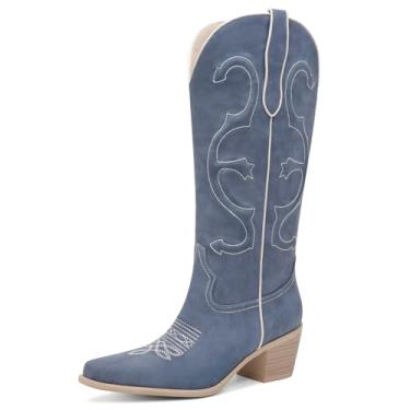 Imagem de GPXGPX Botas femininas caubói bordadas Cowgirl, cano médio, salto grosso, sem cadarço, botas ocidentais, Azul, 37