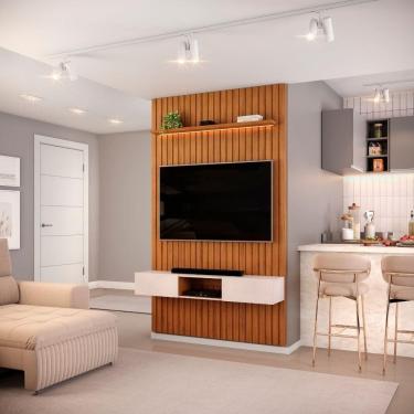 Imagem de Painel Para Tv Até 55 Polegadas 1,43m Ripado Autêntico Com Led E Nicho Montreal Madeirado/off White