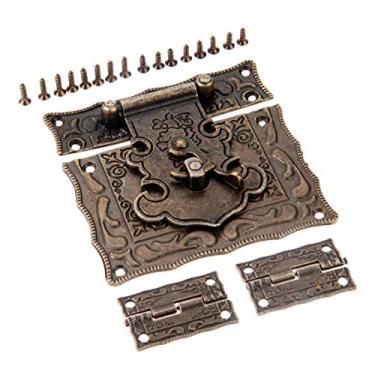 Imagem de 2 pcs Armário de bronze antigo dobradiças do vintage Conjunto de hardware de mobiliário e 1 pc caixa de hasp trinco toggle fivela para jóias caso de madeira YYDFPIIA