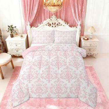 Imagem de Castle Fairy Conjunto de edredom infantil damasco rosa e branco, tamanho solteiro, estilo vitoriano, barroco, boêmio, reversível, para quarto de adolescentes, vintage, gótico, renda, floral, edredom