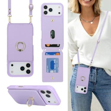 Imagem de Lipvina Capa para iPhone 17 Pro com suporte para cartão e alça para mulheres, cordão transversal, suporte de anel, fecho de pressão, capas de carteira de telefone fofas de 6,3 polegadas (roxa)