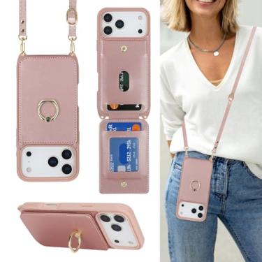 Imagem de Lipvina Capa para iPhone 17 Pro com suporte para cartão e alça para mulheres, cordão transversal, suporte de anel, fecho de pressão, capas de carteira de telefone fofas de 6,3 polegadas (ouro rosa)