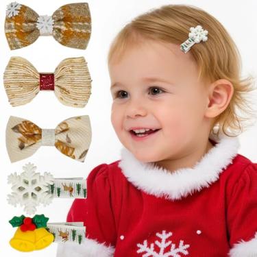 Imagem de Pacote com 5 grampos de cabelo para bebês com laços de Natal, floco de neve e sino – Grampos de cabelo macios para festas infantis de meninas, roupas de sessão de fotos (cores sortidas)