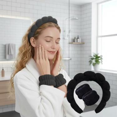 Imagem de Conjunto de faixa de cabeça e pulseiras de spa para lavar o rosto - faixa de cabelo macia de spa, faixas de cabelo de maquiagem para cuidados com a pele para pia de banheiro