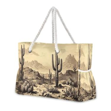 Imagem de Wassud Bolsa de praia vintage cacto grande bolsa de praia para mulheres, impermeável, à prova de areia, bolsa de viagem com zíper e bolso para piscina, academia, acampamento
