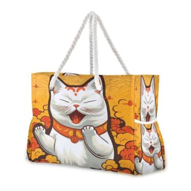 Imagem de Wassud Bolsa de praia grande para mulheres, branca, fofo, gato, impermeável, à prova de areia, bolsa de viagem com zíper e bolso para piscina, academia, acampamento