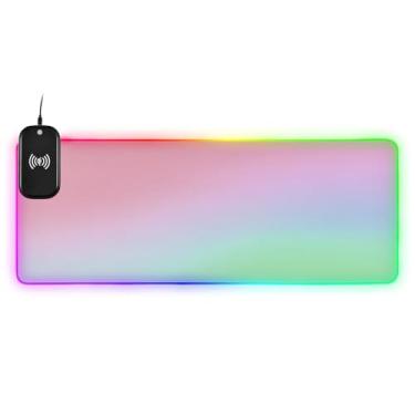 Imagem de CEBUGI Mouse pad de carregamento sem fio de fundo gradiente 15W mouse pad rápido para jogos com iluminação LED RGB 14 para jogos, MacBook, PC, laptop, mesa | 80 x 30 cm
