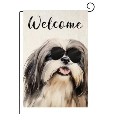 Imagem de TopPacific Bem-vindo Shih Tzu com óculos de sol bandeira de jardim pequena vertical dupla face decorativa casa quintal decoração bandeira para decoração ao ar livre 30,5 x 45,7 cm (6043)