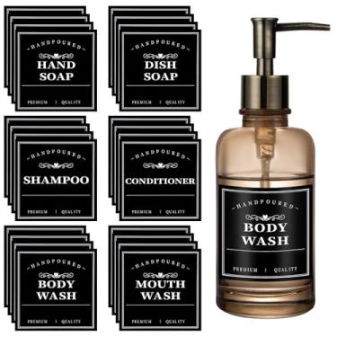 Imagem de Etiquetas de banheiro para garrafas, 24 peças, impermeável, minimalista, organização, etiquetas adesivas removíveis, para sabonete, sabonete, xampu, condicionador, sabonete líquido bucal (preto)
