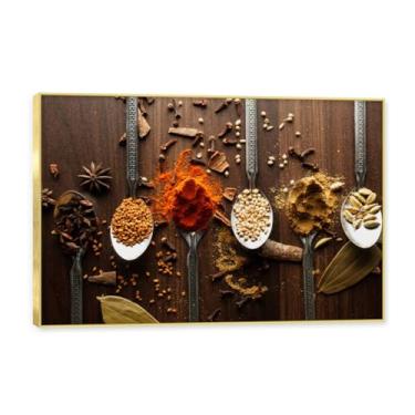Imagem de NHLDZYH Moldura dourada. Arte de parede em tela de especiarias coloridas e colher de tempero | Decoração de cozinha vintage | Arte moderna para casa e sala de jantar. B08. 80 x 120 cm - 31,5 x 47,3
