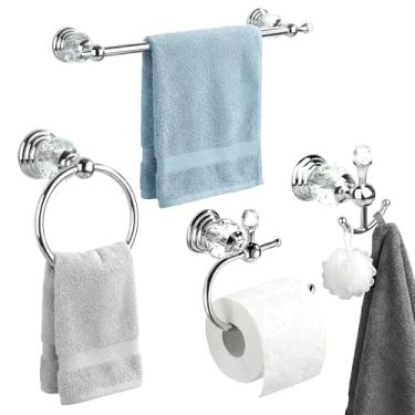 Imagem de Conjunto de barra de toalha ajustável de cristal cromado de 61 cm, suporte de papel higiênico, anel de toalha, ganchos, acessórios de banheiro, 4 peças, montagem na parede