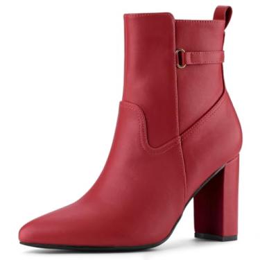 Imagem de Allegra K Botas femininas de salto alto grosso, bico fino, cano curto, Vermelho, 38