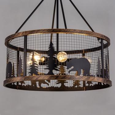 Imagem de TOCHIC Lustre Farmhouse, Luminária Preta Para Sala De Jantar, Rústico Com 6 Luzes E Formato Tambor, Pendente Teto Estilo Western Vintage Estar, Quarto, Corredor, Bar, D-28"