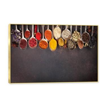 Imagem de NHLDZYH Moldura dourada. Arte de parede em tela de especiarias coloridas e colher de tempero | Decoração de cozinha vintage | Arte moderna para casa e sala de jantar. B05. 80 x 120 cm - 31,5 x 47,3