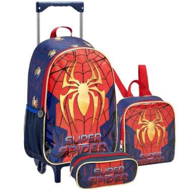 Imagem de Mochila Infantil Rodinha Lancheira Térmica Estojo Kit Escolar Azul Homem Aranha Super Spider Menino Criança