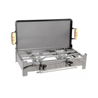 Imagem de Fogão Inox Fogareiro A Gás Duas Bocas + Chapa Bife E Kit Gás (38A) - C
