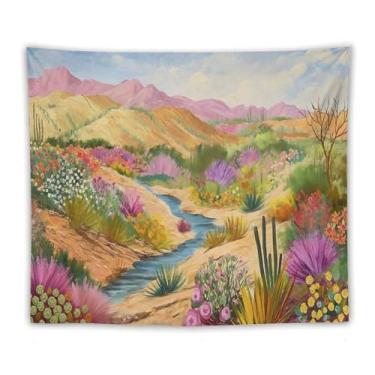 Imagem de Tapeçaria de parede laranja pôr do sol rosa cacto deserto decoração rústica ocidental arte cênica noturna para sala de estar quarto dormitório estilo country pendurado acento quente cena externa 70 x