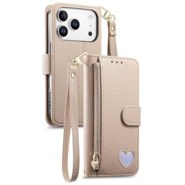 Imagem de POYUFRG Capa flip para iPhone 17 Pro Max/17 Pro/17 Air/17, carteira com zíper elegante padrão lichia capa de couro com porta-cartão, bege, 17