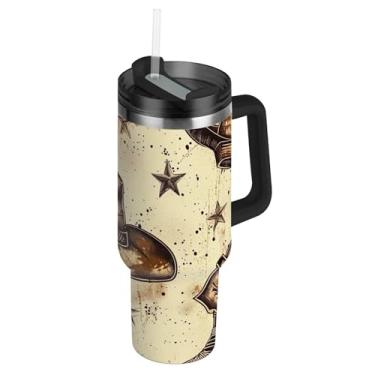 Imagem de Joisal Copos de aço inoxidável com tampa e palha vintage botas de cowboy chapéus marrom caneca de café quente para carros rosa copo de 1,134 g com alça garrafas de água isoladas