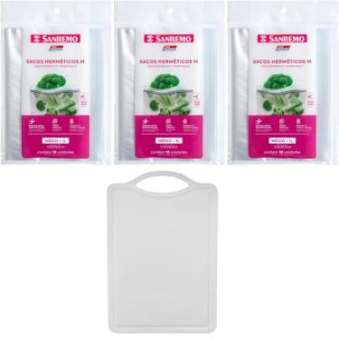 Imagem de Conjunto de 1 Tábua Branca Plástica de Corte para Alimentos + 3 Saco Hermetico Transparente 1 Litro