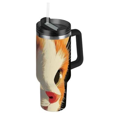 Imagem de Adoráveis copos de arte de rosto de gato laranja com tampa e canudos, copo térmico de 1,18 l com alça, garrafas de água, copos de café quente de aço inoxidável isolados para carro