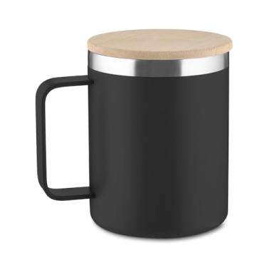 Imagem de Caneca Térmica Premium com Tampa de Bambu, Parede Dupla em Aço Inoxidável, 400ml, Design Moderno, Preto