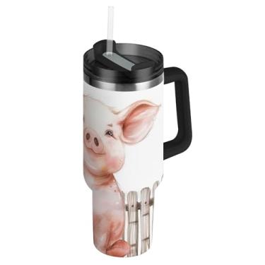 Imagem de Cute Happy Pig copos com tampa e canudo garrafas de água de aço inoxidável copo isolado com alça 850 g rosa linda garrafa de água para copo de carro