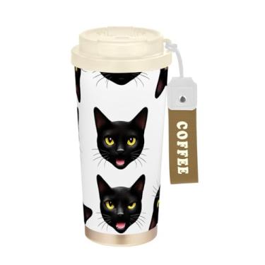 Imagem de Caneca de viagem de café 40 ml com canudo e tampa, revestimento cerâmico, isolada a vácuo, caneca de café de aço inoxidável à prova de vazamento, gato preto fofo animal branco