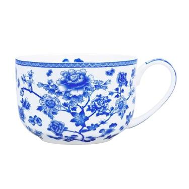 Imagem de PMNING Tigelas de sopa de 740 ml com alças Caneca de sopa de osso China com alças Copo de sopa Flora Grande Tigela de Sopa para Café Cereal Aveia Latte (Azul e Branco)