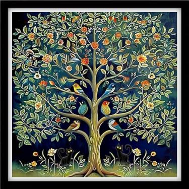 Imagem de DMCVIVR Kits de ponto cruz estampado para iniciantes e adultos, kits de bordado para iniciantes, kit cruzado para iniciantes, 11 quilate - árvore da vida, pássaro, 45,7 x 45,7 cm