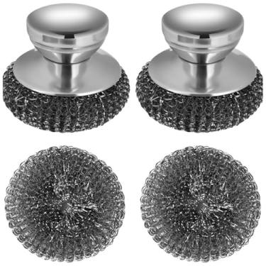 Imagem de 2 esfregões de aço inoxidável com alça, 2 almofadas de lã de substituição de aço, para limpeza de ferro fundido, pratos, panelas de cozinha, panelas, churrasqueiras, fogões, pia