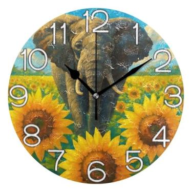Imagem de GAIGEO Relógio de parede decorativo analógico estético silencioso sem tique-taque quarto relógio de cozinha, decoração de parede de meados do século sala de estar, elefante girassol vintage, 25 cm