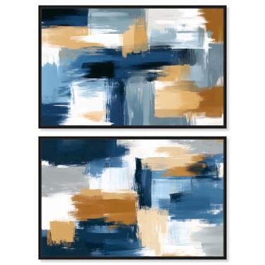 Imagem de Conjunto de 2 arte de parede de banheiro com impressão em tela abstrata de sala de estar de luxo neutro por Art Remedy, moldura preta, 76 x 50 cm