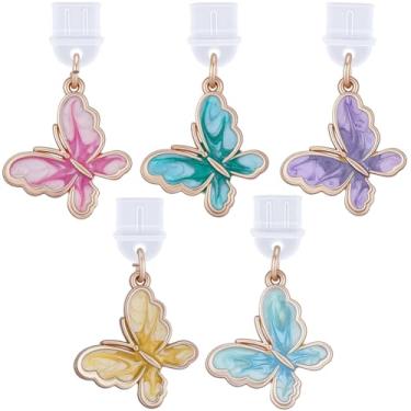 Imagem de SUNNYCLUE 5 cores borboleta plugue poeira pingente porta de carregamento USB amuleto amarelo roxo bonito conquette esmalte metal borboletas pingente de mola para telefone fone de ouvido celular