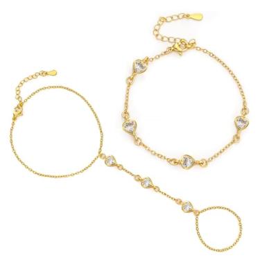 Imagem de KLSURPRISE2 Corrente de mão de ouro para mulheres - Pulseiras de ouro banhado a ouro 14 k para mulheres, anel de zircônia cúbica, corrente de mão, empilhável, requintada, joias modernas, presentes
