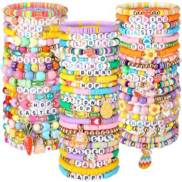 Imagem de Landical 64 pulseiras de feliz páscoa a granel para mulheres, lembrancinha de contas, pulseiras coloridas elásticas de coelhinho de ovo para Páscoa, empilháveis, joias da amizade para presentes
