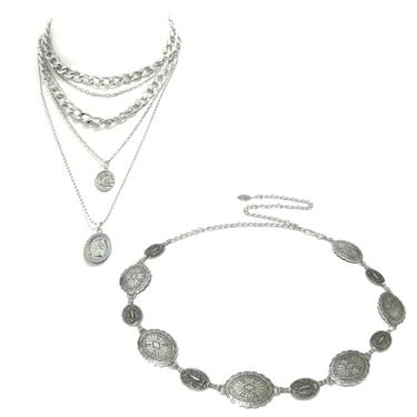 Imagem de Keylotnal Conjunto feminino prata retrô de 2 peças: cinto de cowboy com colar de pingente de moeda de camada dupla e concho para roupa de concerto country vaqueira punk