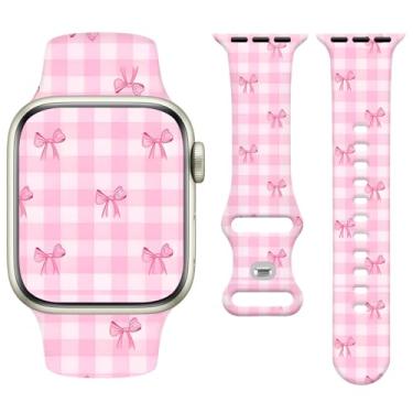 Imagem de Watbro Linda pulseira de relógio compatível com Apple Watch, pulseira com laço xadrez rosa, de silicone macio compatível com iWatch séries 11, 10, 9, 8, 7, 6, 5, 4, 3, 2, 1, SE, Ultra 38, 40, 41, 42