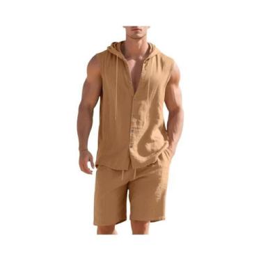 Imagem de Conjunto De Camisa Sem Mangas Com Capuz De Linho Para O Verão Masculin