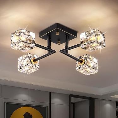 Imagem de Lustre de Cristal Preto e Dourado Estilo Moderno, Luminária de Teto Semi Embutida com 4 Lâmpadas para Cozinha, Corredor e Quarto, Soquete G9 (Máx. 40W, Lâmpadas Não Inclusas)