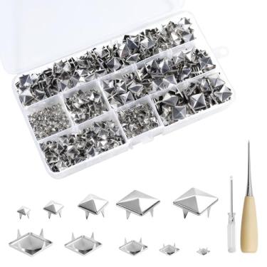 Imagem de Lohoee 700 peças de 4 mm/6 mm/8 mm/10 mm/12 mm, tachas de pirâmide quadradas, prata punk metal para bolsa de roupas, sapatos de couro, acessórios de coleira de cachorro