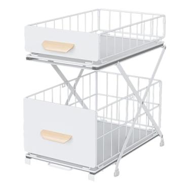 Imagem de Tharyee Organizador de armário de 2 camadas com altura ajustável, organizador embaixo da pia, prateleiras deslizantes para armazenamento de gaveta para organização de cozinha (branco, 2 camadas)