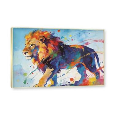 Imagem de NHLDZYH Moldura dourada. Pintura de leão colorida, impressão de arte abstrata vibrante, decoração de parede de animais selvagens e enérgicos, tela contemporânea moderna para quarto, academia, quarto