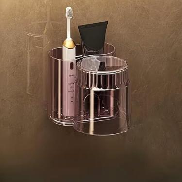 Imagem de Suporte de escova de dentes montado na parede com copo de gargarejo - sem broca, organizador de banheiro com economia de espaço para pasta de dente e escovas, rosa vermelho