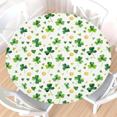 Imagem de Toalha de mesa redonda de Dia de São Patrício com borda elástica, trevo verde resistente à água, trevo floral, moeda de ouro da sorte, capa de mesa para mesa elástica de 101 a 111 cm para jantar em